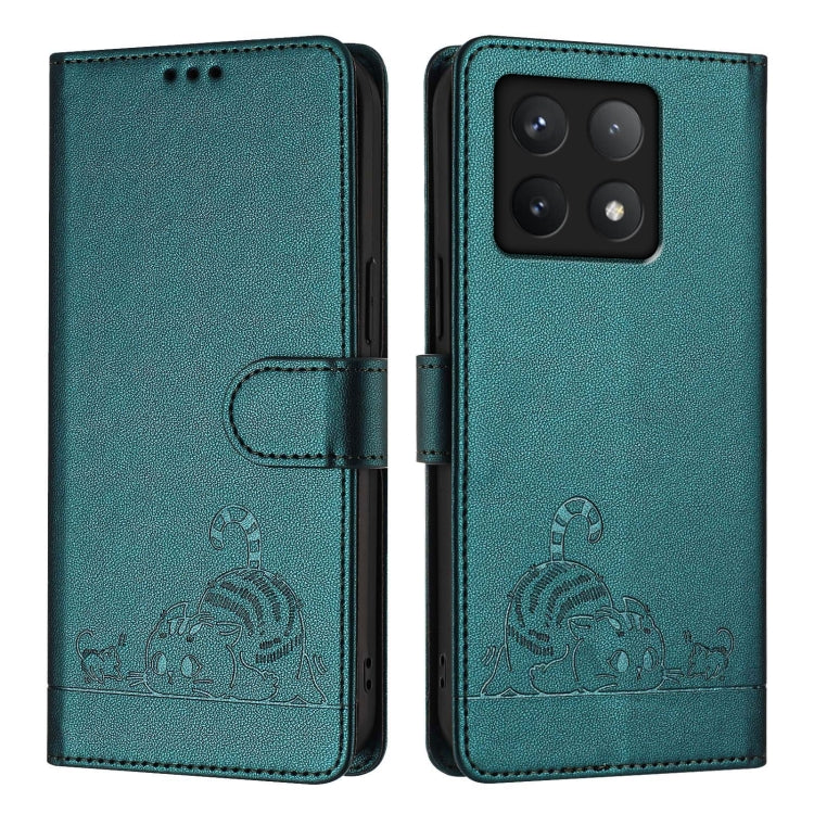 For Xiaomi 14T Cat Rat Embossed Pattern RFID Leather Phone Case with Lanyard