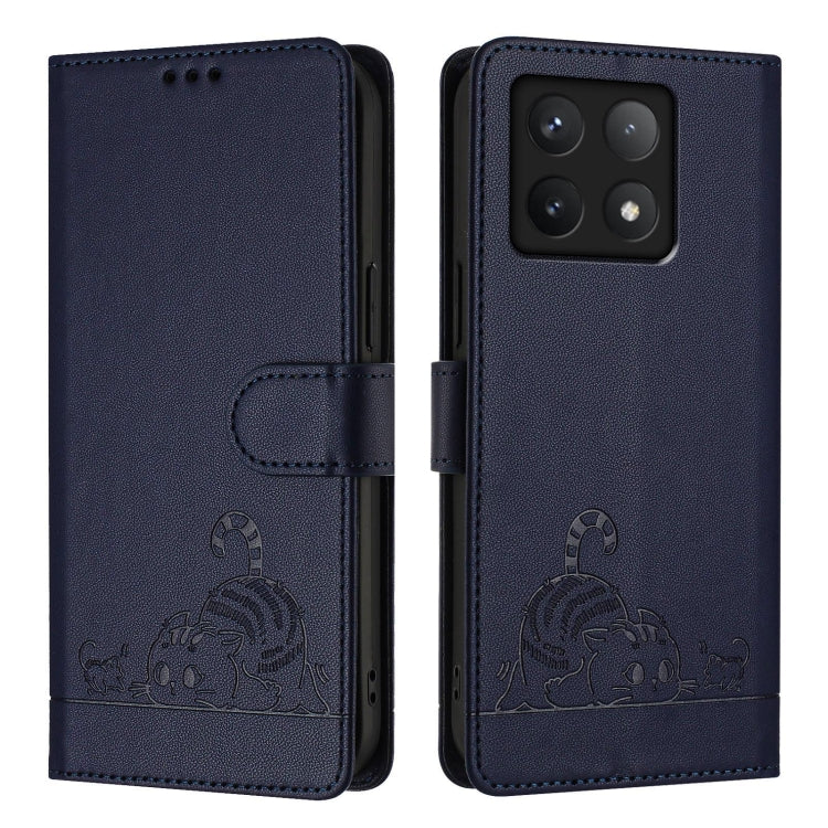For Xiaomi 14T Cat Rat Embossed Pattern RFID Leather Phone Case with Lanyard