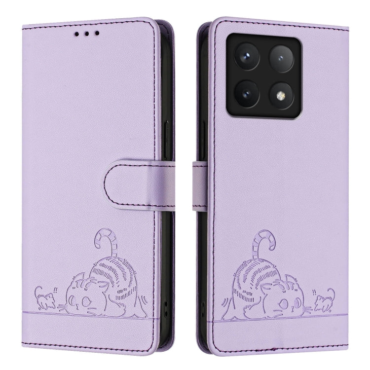 For Xiaomi 14T Cat Rat Embossed Pattern RFID Leather Phone Case with Lanyard