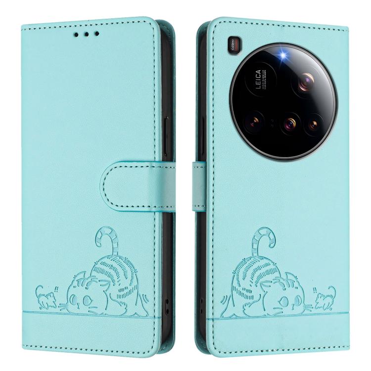 For Xiaomi 15 Ultra Cat Rat Embossed Pattern RFID Leather Phone Case with Lanyard