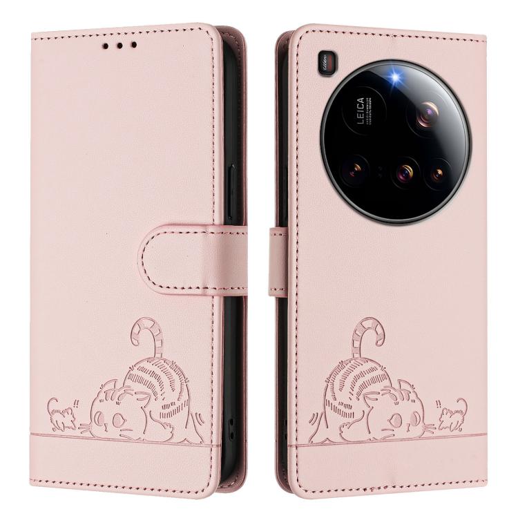 For Xiaomi 15 Ultra Cat Rat Embossed Pattern RFID Leather Phone Case with Lanyard