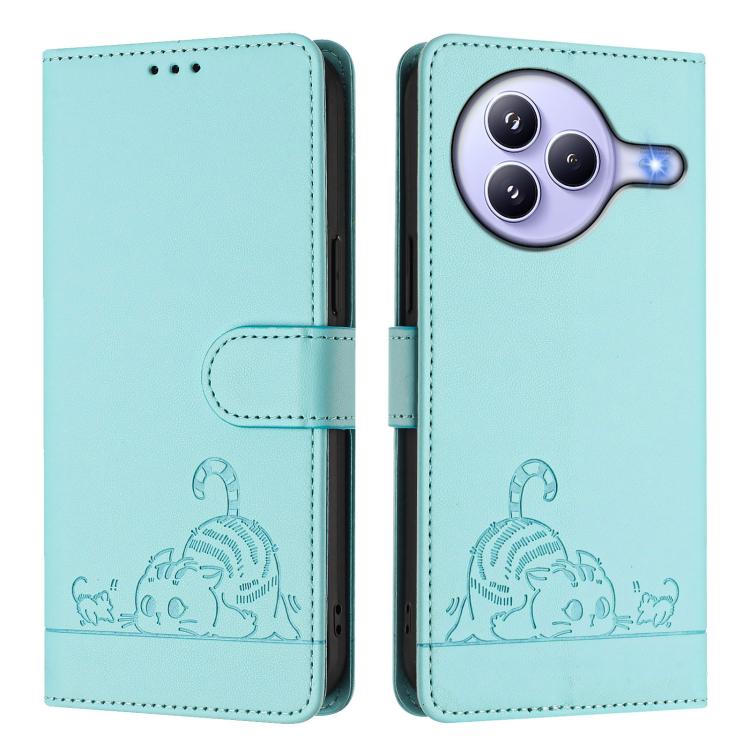 For Xiaomi Civi 5 Pro 5G Cat Rat Embossed Pattern RFID Leather Phone Case with Lanyard