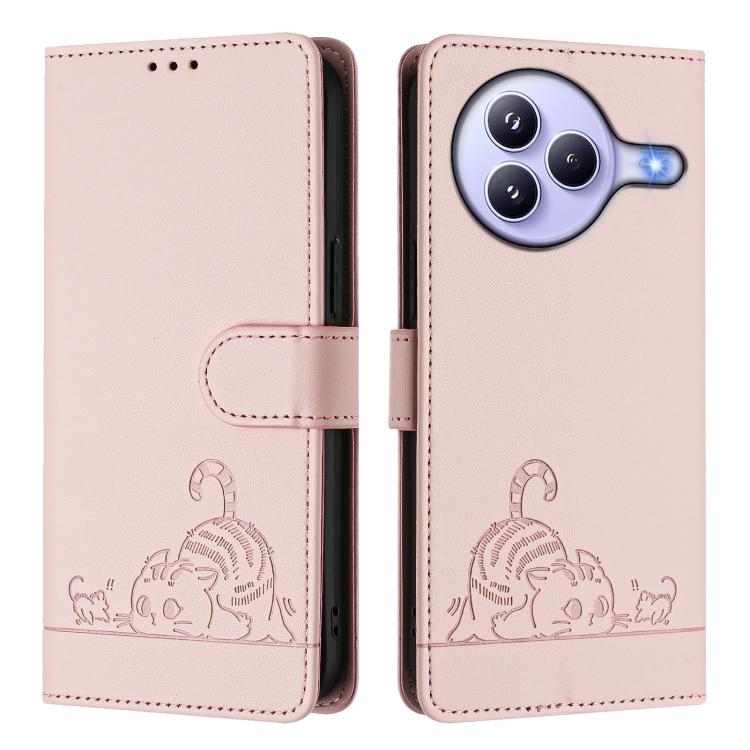 For Xiaomi Civi 5 Pro 5G Cat Rat Embossed Pattern RFID Leather Phone Case with Lanyard