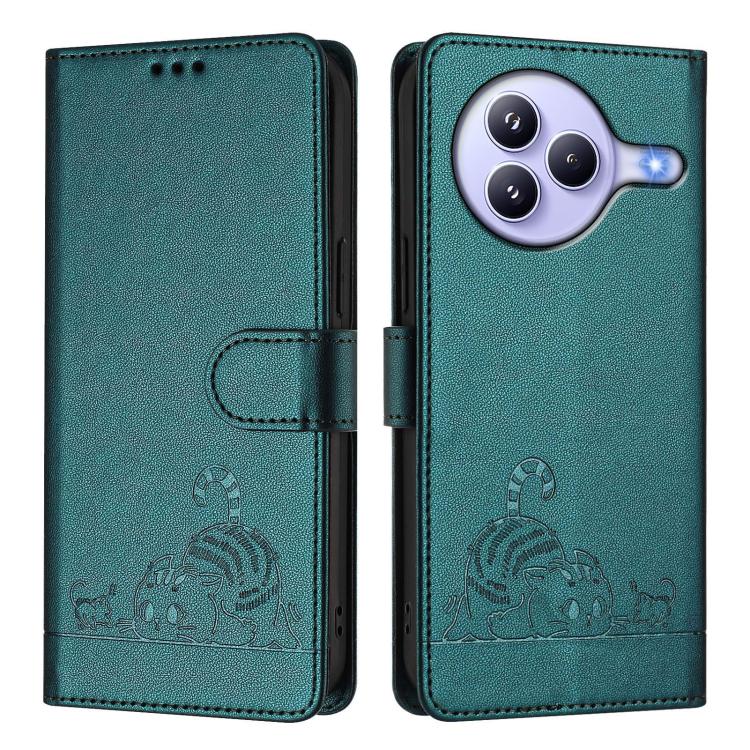 For Xiaomi Civi 5 Pro 5G Cat Rat Embossed Pattern RFID Leather Phone Case with Lanyard