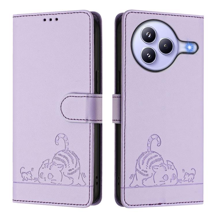 For Xiaomi Civi 5 Pro 5G Cat Rat Embossed Pattern RFID Leather Phone Case with Lanyard