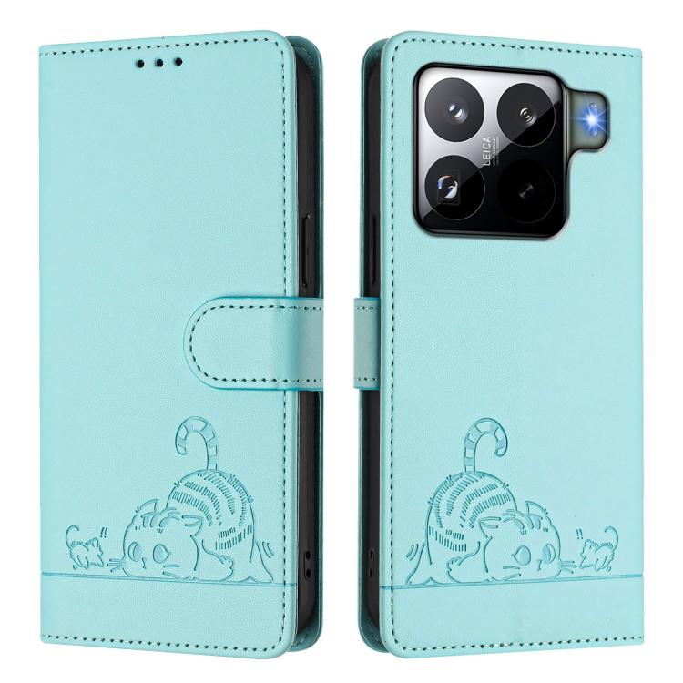 For Xiaomi 15S Pro 5G Cat Rat Embossed Pattern RFID Leather Phone Case with Lanyard