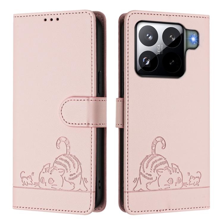 For Xiaomi 15S Pro 5G Cat Rat Embossed Pattern RFID Leather Phone Case with Lanyard