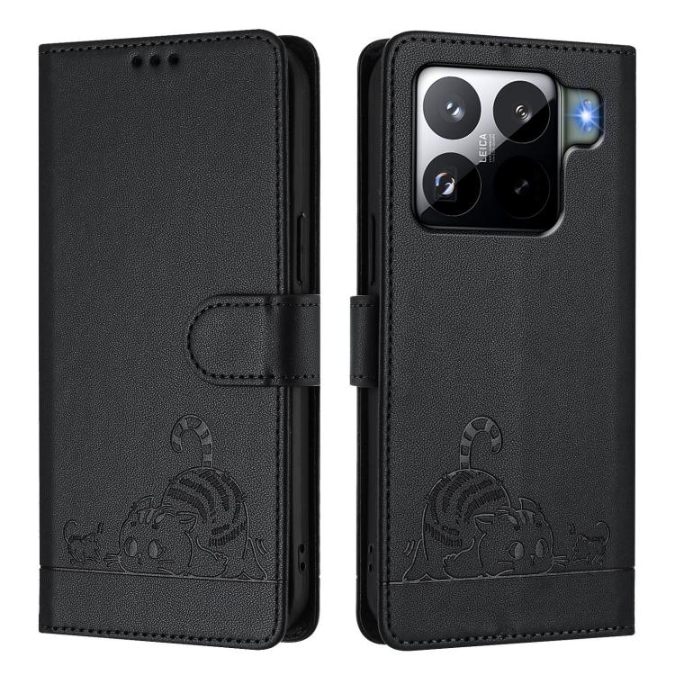 For Xiaomi 15S Pro 5G Cat Rat Embossed Pattern RFID Leather Phone Case with Lanyard