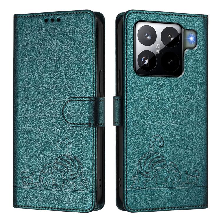 For Xiaomi 15S Pro 5G Cat Rat Embossed Pattern RFID Leather Phone Case with Lanyard