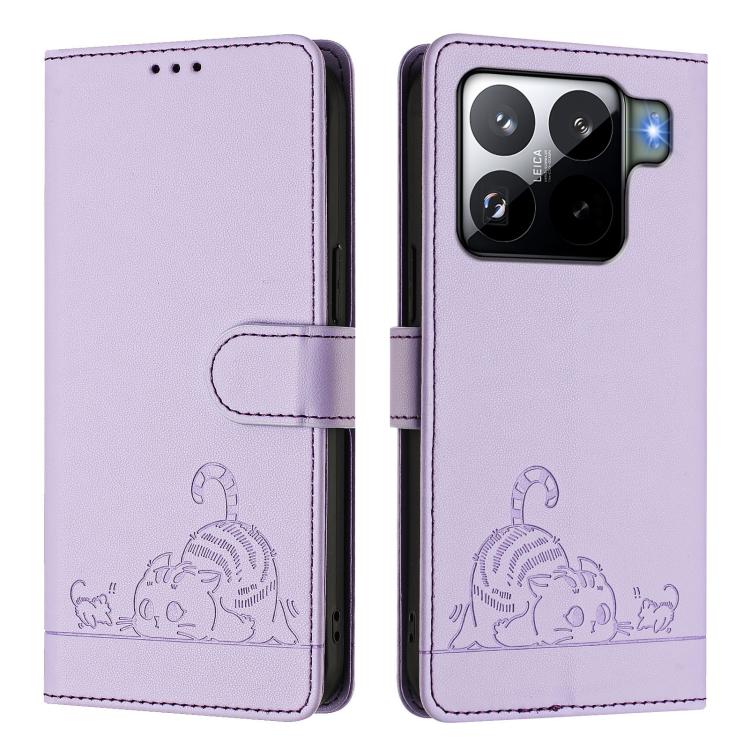 For Xiaomi 15S Pro 5G Cat Rat Embossed Pattern RFID Leather Phone Case with Lanyard