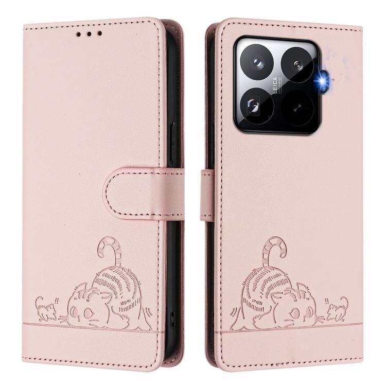 For Xiaomi 15T Pro 5G Cat Rat Embossed Pattern RFID Leather Phone Case with Lanyard