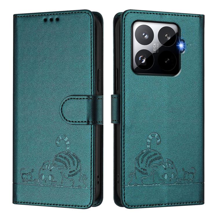 For Xiaomi 15T Pro 5G Cat Rat Embossed Pattern RFID Leather Phone Case with Lanyard