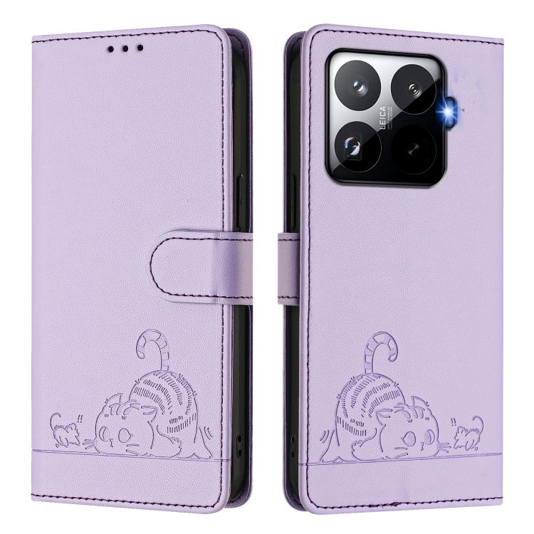 For Xiaomi 15T Pro 5G Cat Rat Embossed Pattern RFID Leather Phone Case with Lanyard