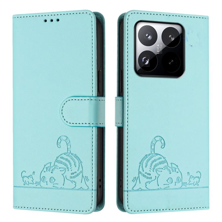 For Xiaomi 15T 5G Cat Rat Embossed Pattern RFID Leather Phone Case with Lanyard