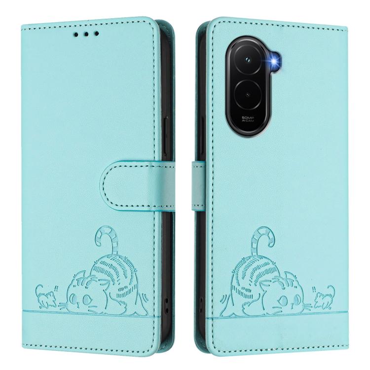 For Xiaomi Poco M7 4G 169mm Cat Rat Embossed Pattern RFID Leather Phone Case with Lanyard