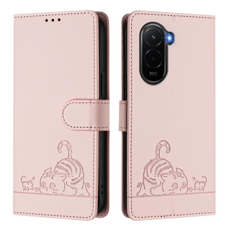 For Xiaomi Poco M7 4G 169mm Cat Rat Embossed Pattern RFID Leather Phone Case with Lanyard