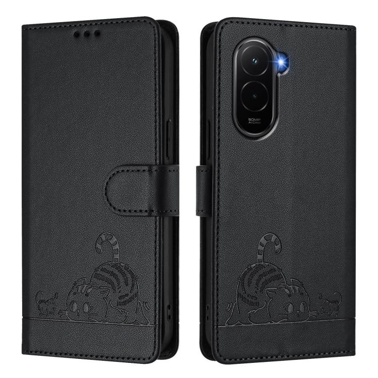 For Xiaomi Poco M7 4G 169mm Cat Rat Embossed Pattern RFID Leather Phone Case with Lanyard