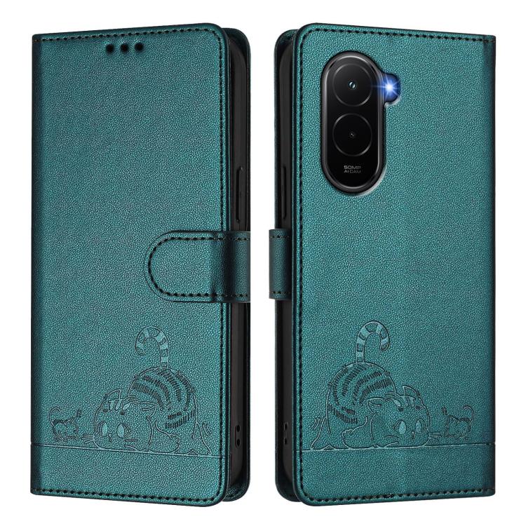 For Xiaomi Poco M7 4G 169mm Cat Rat Embossed Pattern RFID Leather Phone Case with Lanyard