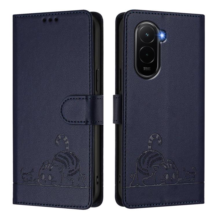 For Xiaomi Poco M7 4G 169mm Cat Rat Embossed Pattern RFID Leather Phone Case with Lanyard