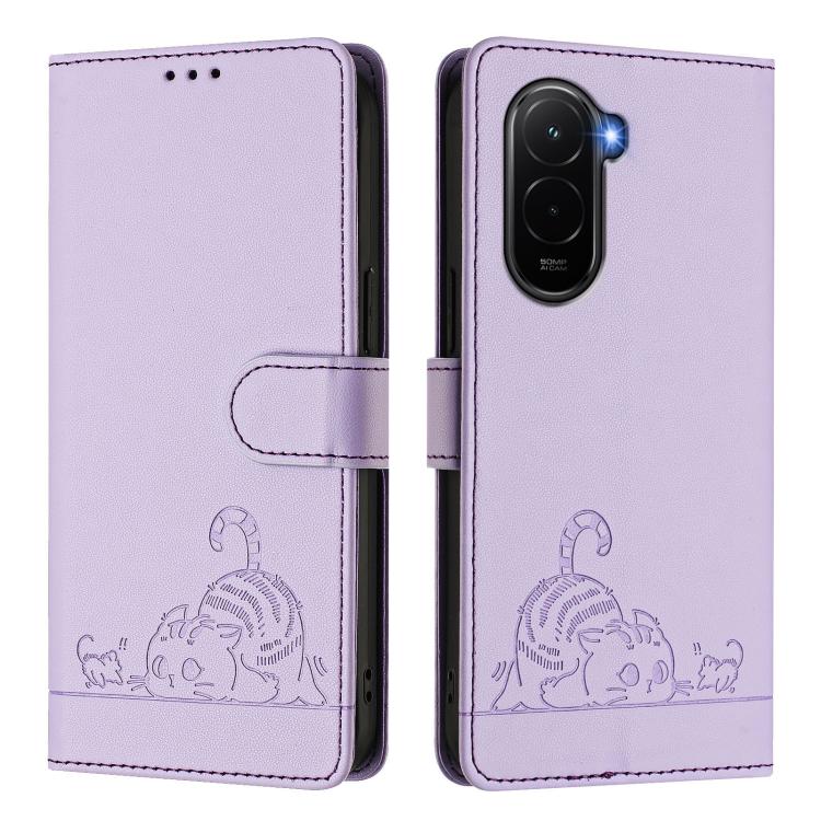 For Xiaomi Poco M7 4G 169mm Cat Rat Embossed Pattern RFID Leather Phone Case with Lanyard