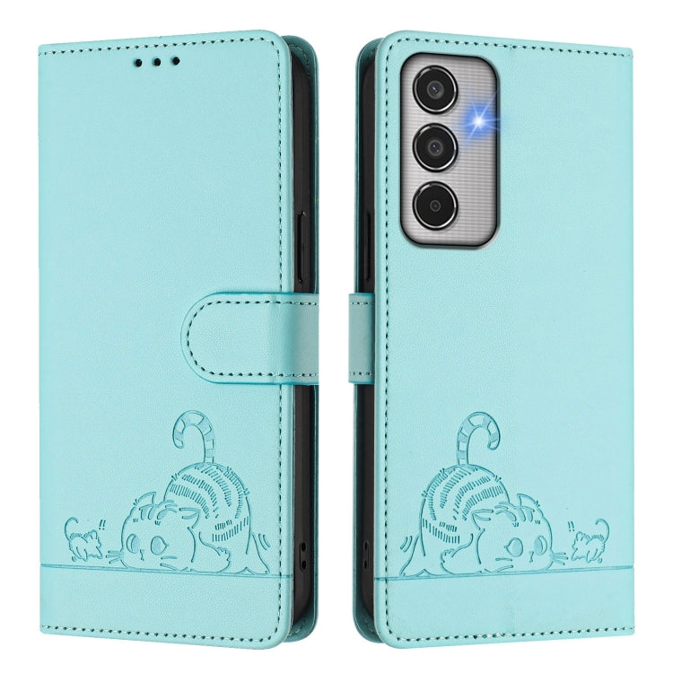For Samsung Galaxy M35 Cat Rat Embossed RFID Leather Phone Case with Lanyard