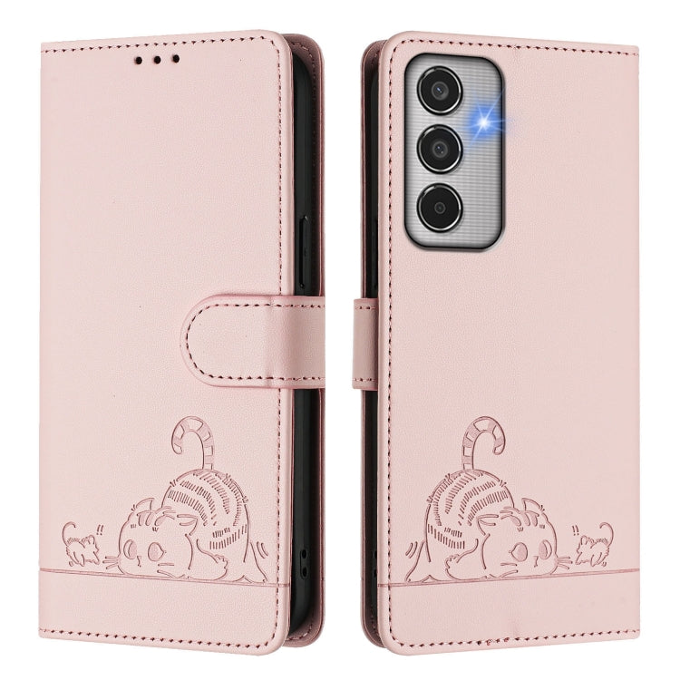 For Samsung Galaxy M35 Cat Rat Embossed RFID Leather Phone Case with Lanyard