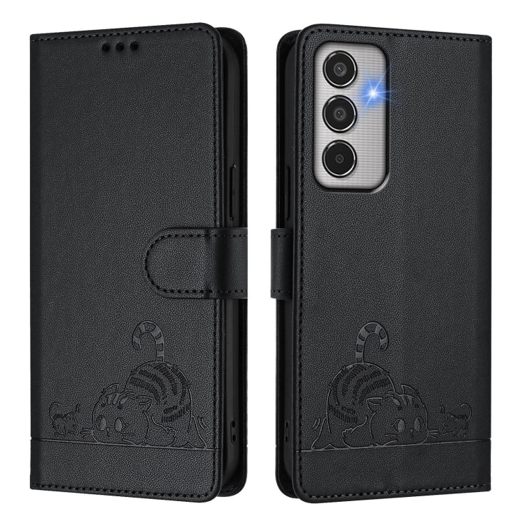 For Samsung Galaxy M35 Cat Rat Embossed RFID Leather Phone Case with Lanyard