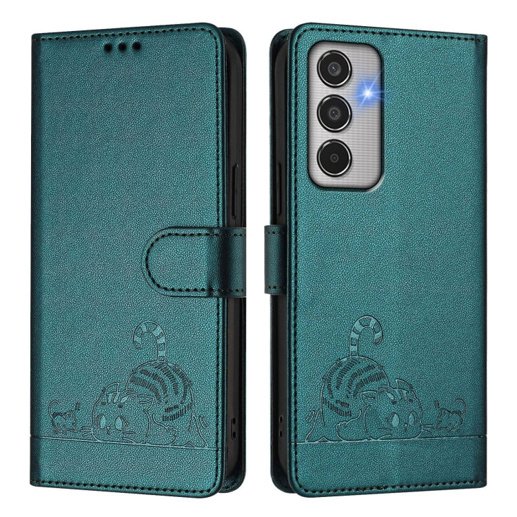 For Samsung Galaxy M35 Cat Rat Embossed RFID Leather Phone Case with Lanyard