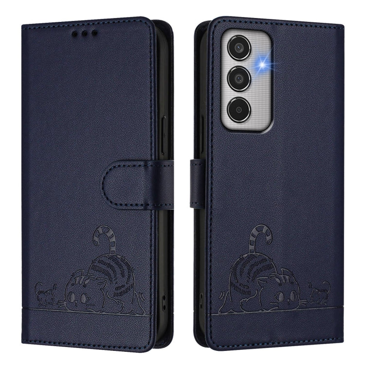 For Samsung Galaxy M35 Cat Rat Embossed RFID Leather Phone Case with Lanyard