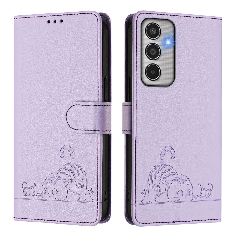 For Samsung Galaxy M35 Cat Rat Embossed RFID Leather Phone Case with Lanyard