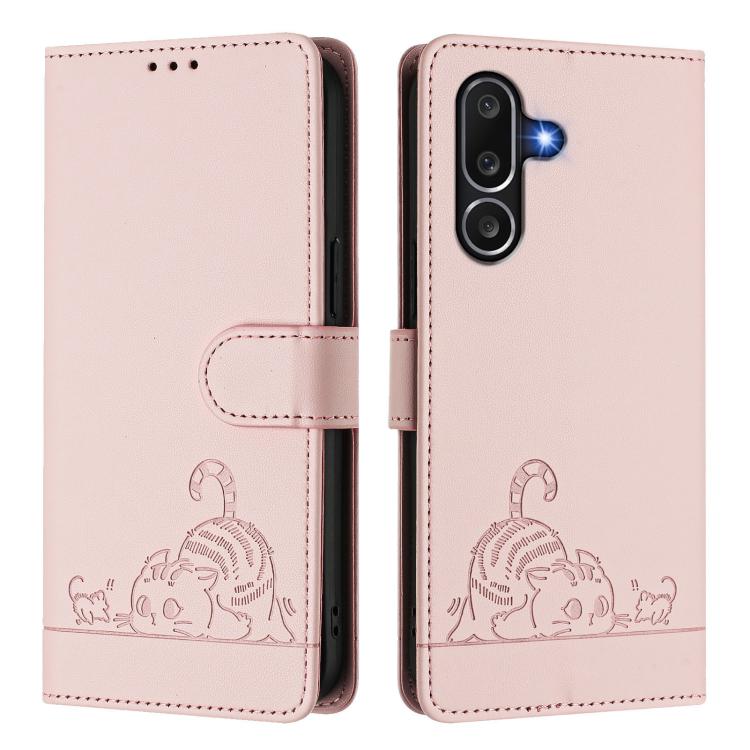 For Samsung Galaxy M56 5G Cat Rat Embossed RFID Leather Phone Case with Lanyard