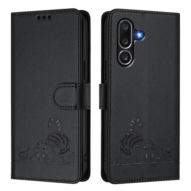 For Samsung Galaxy M56 5G Cat Rat Embossed RFID Leather Phone Case with Lanyard