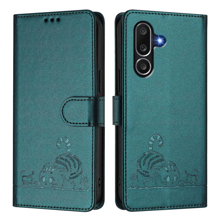 For Samsung Galaxy M56 5G Cat Rat Embossed RFID Leather Phone Case with Lanyard