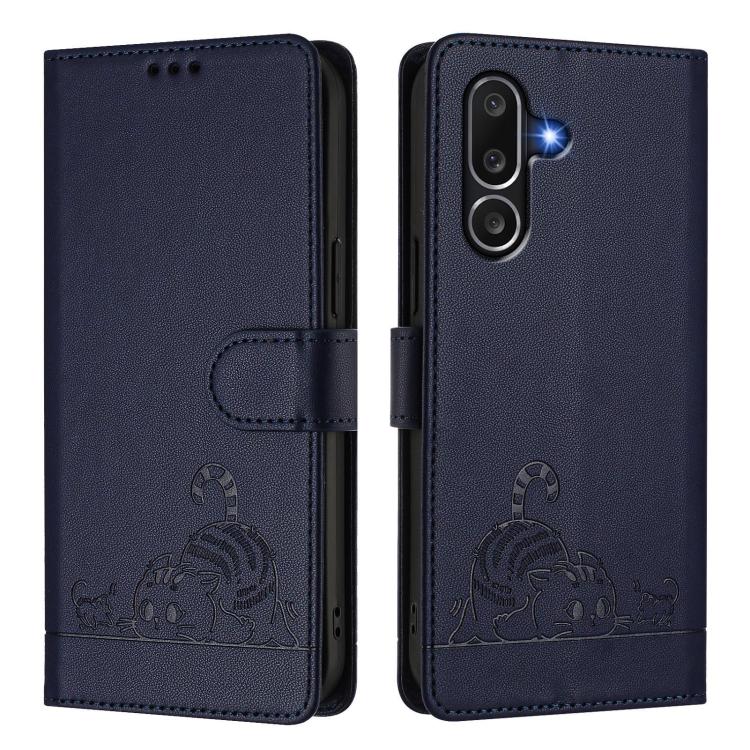 For Samsung Galaxy M56 5G Cat Rat Embossed RFID Leather Phone Case with Lanyard