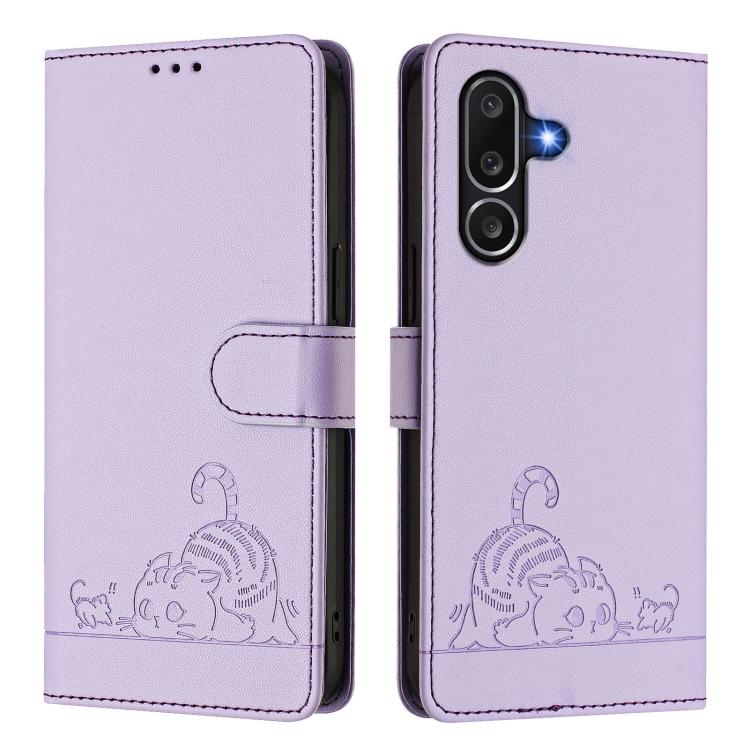 For Samsung Galaxy M56 5G Cat Rat Embossed RFID Leather Phone Case with Lanyard