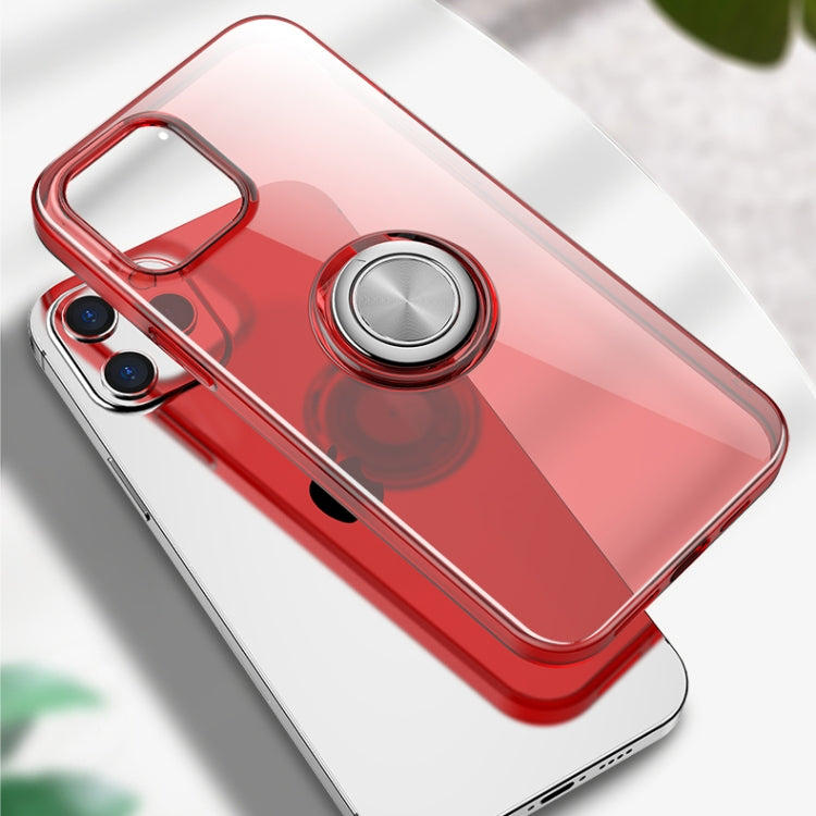 For iPhone 12 Pro Max Transparent TPU Protective Case with Metal Ring Holder(Red)