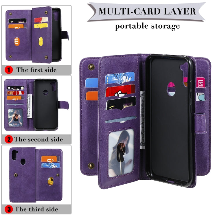 For Samsung Galaxy A11 Multifunctional Magnetic Copper Buckle Horizontal Flip Solid Color Leather Case with 10 Card Slots & Wallet & Holder & Photo Frame