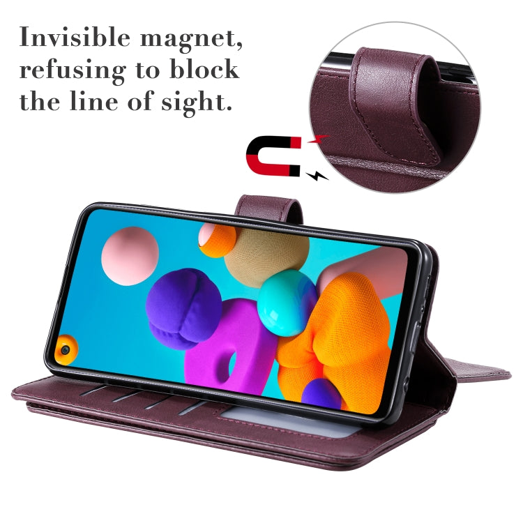 For Samsung Galaxy A21s Multifunctional Magnetic Copper Buckle Horizontal Flip Solid Color Leather Case with 10 Card Slots & Wallet & Holder & Photo Frame
