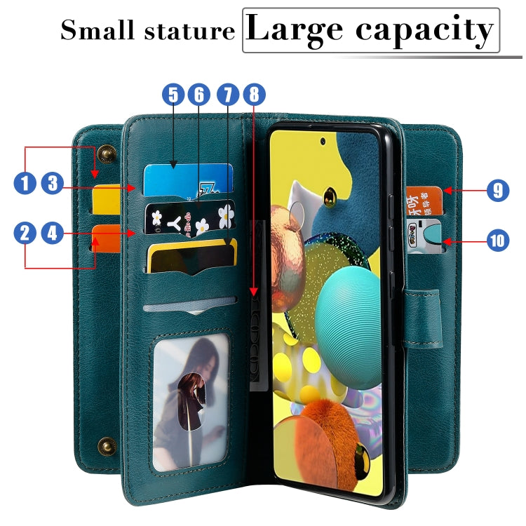 For Samsung Galaxy A51 (5G) Multifunctional Magnetic Copper Buckle Horizontal Flip Solid Color Leather Case with 10 Card Slots & Wallet & Holder & Photo Frame