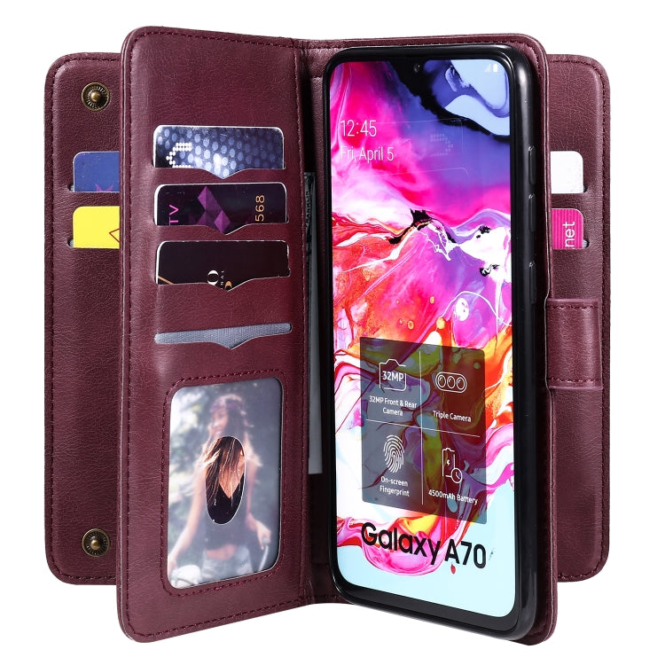 For Samsung Galaxy A70 Multifunctional Magnetic Copper Buckle Horizontal Flip Solid Color Leather Case with 10 Card Slots & Wallet & Holder & Photo Frame