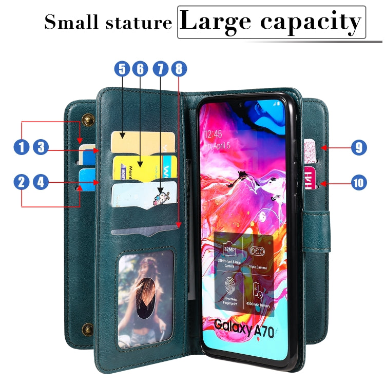 For Samsung Galaxy A70 Multifunctional Magnetic Copper Buckle Horizontal Flip Solid Color Leather Case with 10 Card Slots & Wallet & Holder & Photo Frame