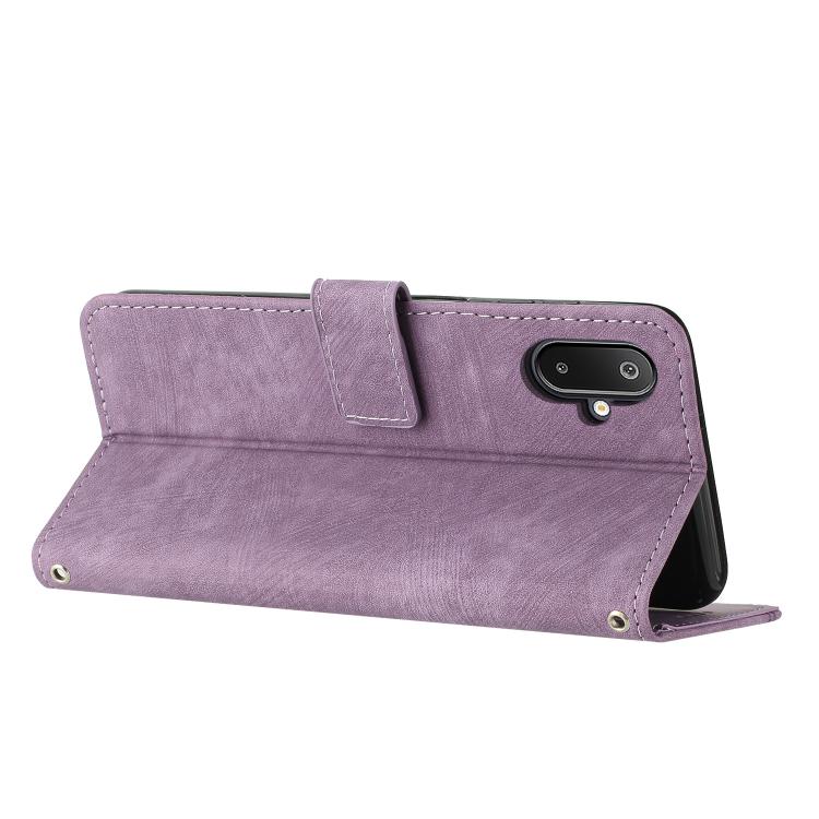 For Samsung Galaxy F06 5G / M06 5G Skin Feel Stripe Pattern Leather Phone Case with Long Lanyard