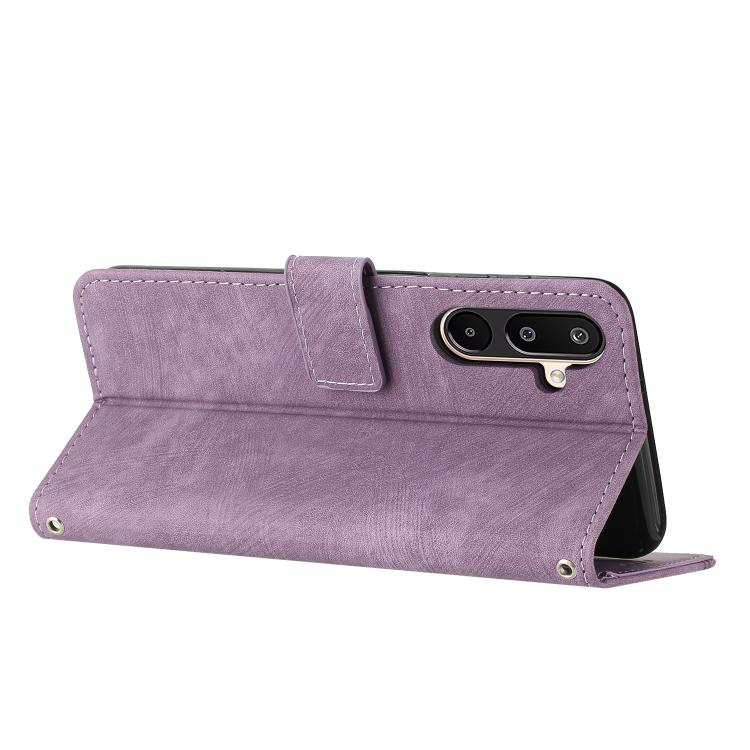 For Samsung Galaxy F16 5G / M16 5G Skin Feel Stripe Pattern Leather Phone Case with Long Lanyard