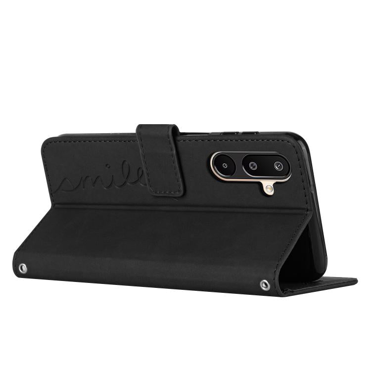 For Samsung Galaxy F16 5G / M16 5G Skin Feel Heart Embossed Leather Phone Case with Long Lanyard