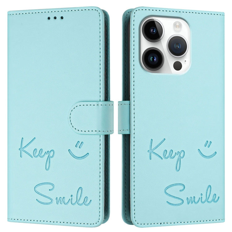 For iPhone 16 Pro Smile Embossing RFID Leather Phone Case