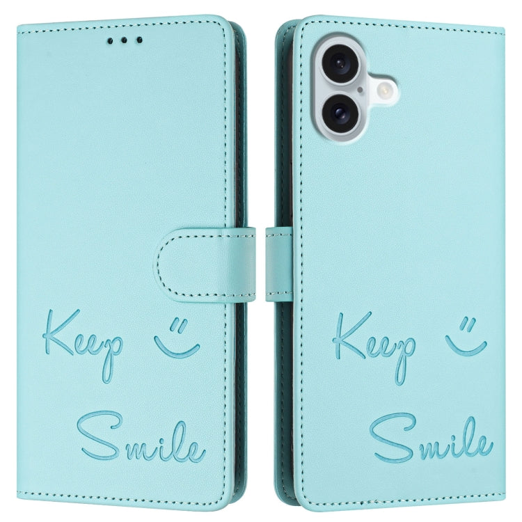 For iPhone 16 Plus Smile Embossing RFID Leather Phone Case