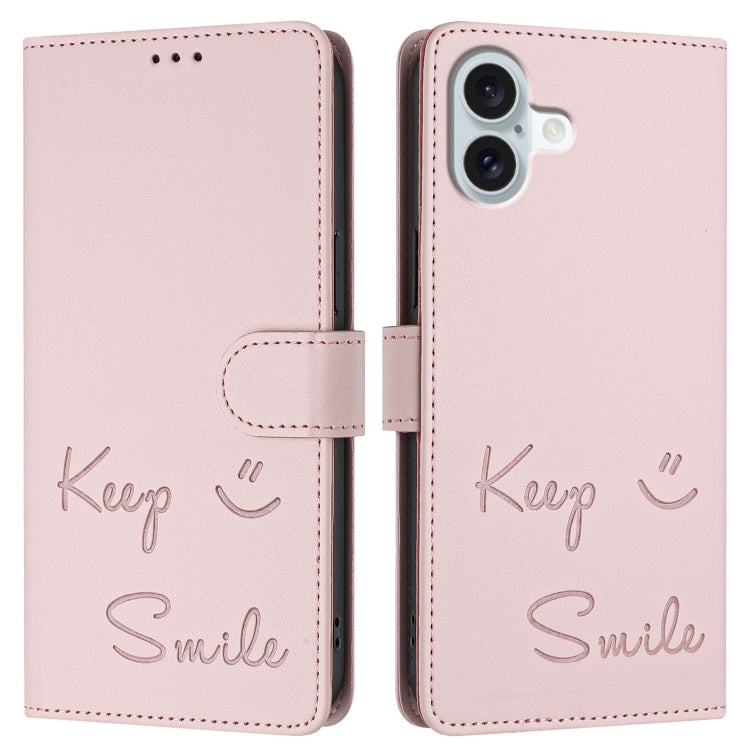 For iPhone 16 Plus Smile Embossing RFID Leather Phone Case