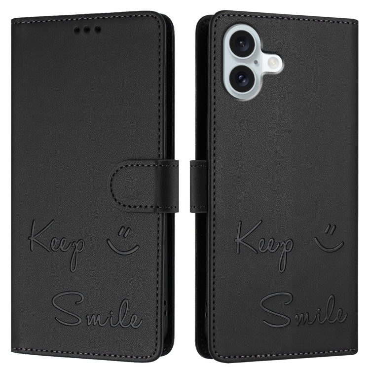For iPhone 16 Plus Smile Embossing RFID Leather Phone Case
