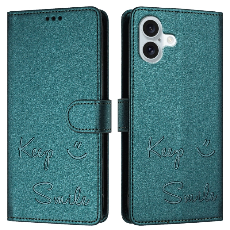 For iPhone 16 Plus Smile Embossing RFID Leather Phone Case