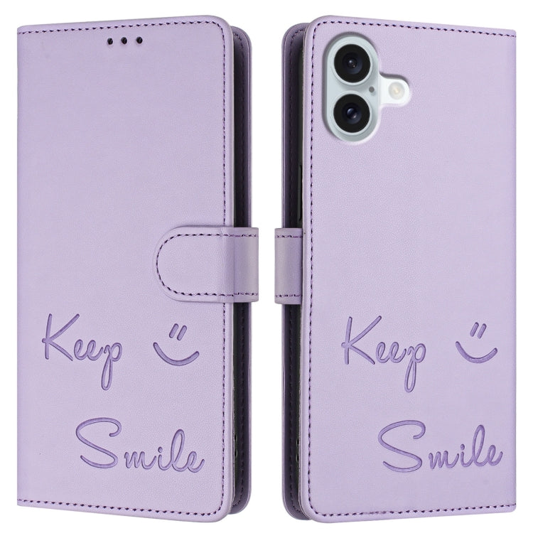 For iPhone 16 Plus Smile Embossing RFID Leather Phone Case